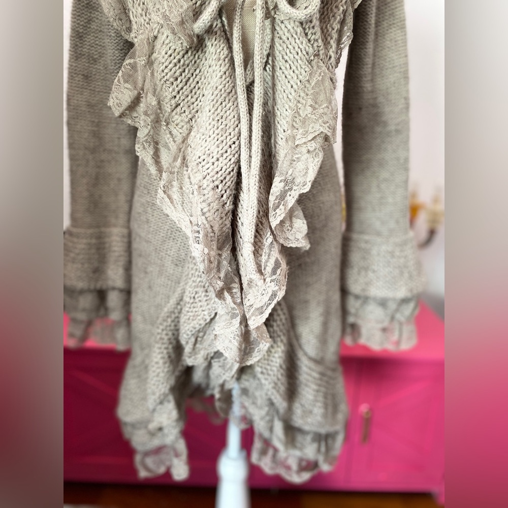 ❌SOLD❌ SIONI MIXED MEDIA APPLIQUÉ WOOL CARDIGAN SWEATER LARGE GREY BROWN - Picture 2 of 9